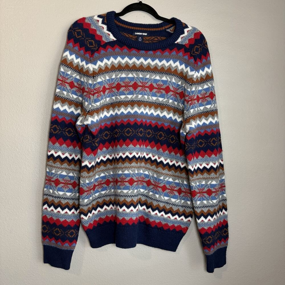 Lands End Fair Isle Mens Sweater Medium Blue Red Holiday Cotton Wool Blend